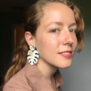 Pale Blue and Gold Monstera Polymer Clay Earrings